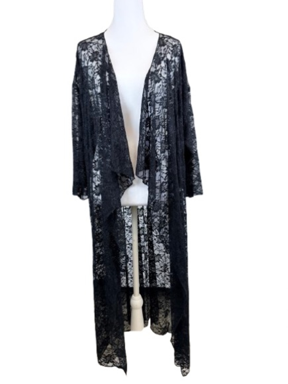 LuLaRoe Shirley Kimono Black Lace Floral Sheer Long Duster Boho L Whimsigoth NEW